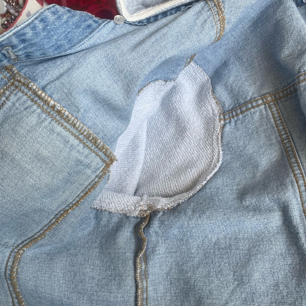 Forever 21 Blue Denim Jacket with Gray Knit Sleeves - Picture 10 of 11